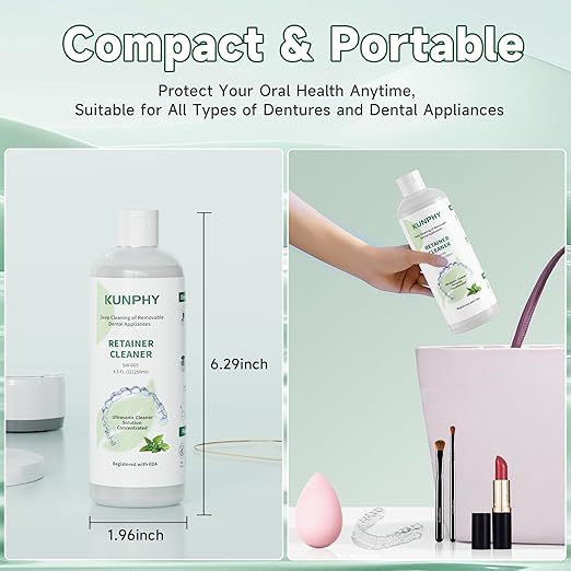 KUNPHY Ultrasonic Retainer Cleaner Solution Concentrate-Professional Cleaning of Retainers, Denture, Invisible Aligners, Mouth Guards, Night Guards, Remove Odors, Discoloration & Stains 8 oz(Mint)