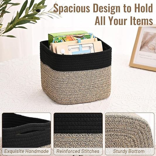 3 Pack Cube Storage Bin, 9”x9”x7” Cotton Rope Woven Baskets for Organizing Toys Clothes Towels, Square Gift Storage Baskets for Shelf, Nursery, Closet, Bathroom, Pantry (Black & Brown)