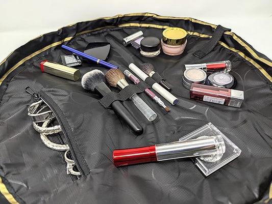 Lay-n-Go Cosmo Drawstring Cosmetic & Makeup Bag Organizer - Portable Drawstring Makeup Bag w/Zipper Pocket, Makeup Loops & More - Durable, Machine Washable Toiletry Bag (20", Black & Gold)