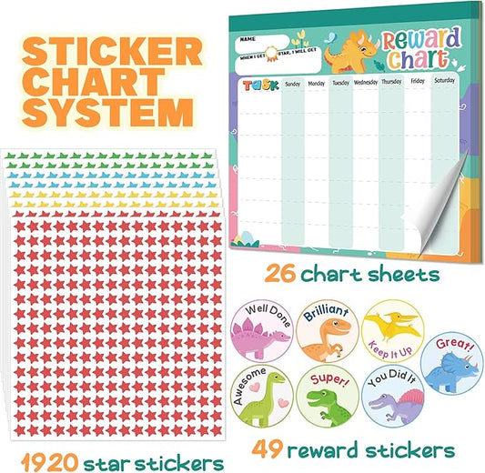 Reward Chart for Kids – Dinosaur Magnetic Kids Behavior Chart, Pad with 26 Chore Charts, 1920 Star Stickers, 49 Incentive Stickers, Responsibility Chart for Kids Boys Toddlers - Kids Chore Chart