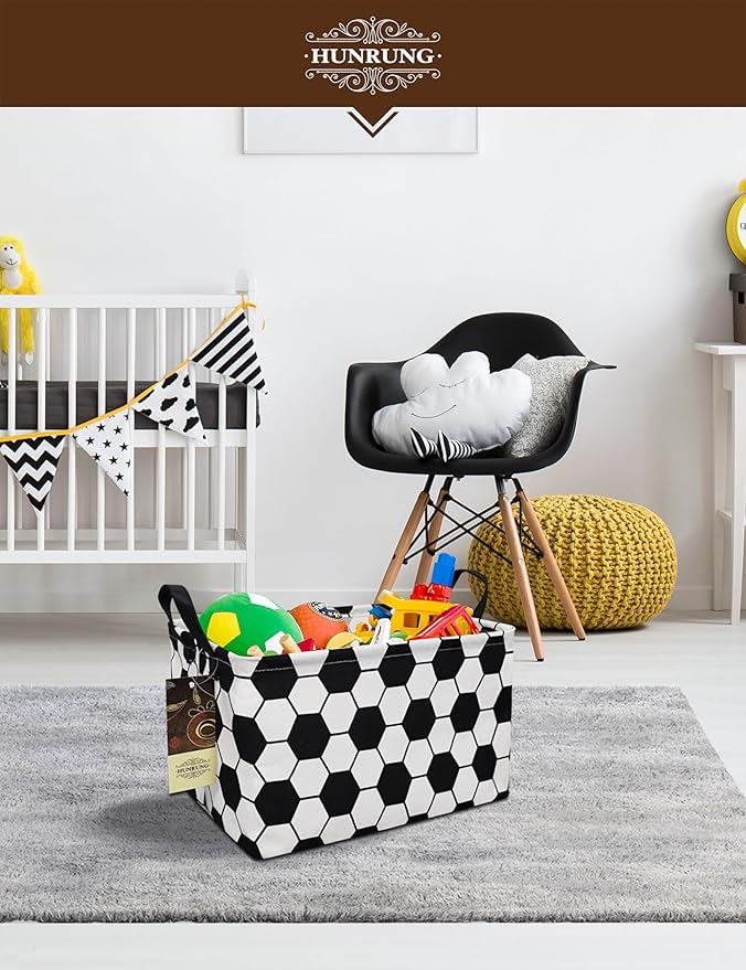 HUNRUNG Rectangle Storage Basket Cute Canvas Organizer Bin for Pet/Children Toys, Books, Clothes Perfect for Rooms/Playroom(REC-Football)