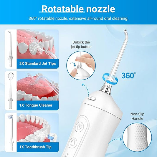 Portable Water Flosser for Teeth - 4 Modes Cordless Oral Irrigator with 300ML Tank, 360° Rotating Nozzle, 4 Jet Tips, Rechargeable, IPX7 Waterproof, Low Noise Gravity Ball Design (M159 - White)
