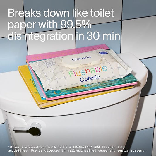Coterie Flushable Wipes for Toddlers, Designed for Potty Training, Safe for Sensitive Skin, Hypoallergenic, 99% Water, Plant-Based, Fragrance Free, Sewer & Septic Safe, 8 Pack (448 Wipes)