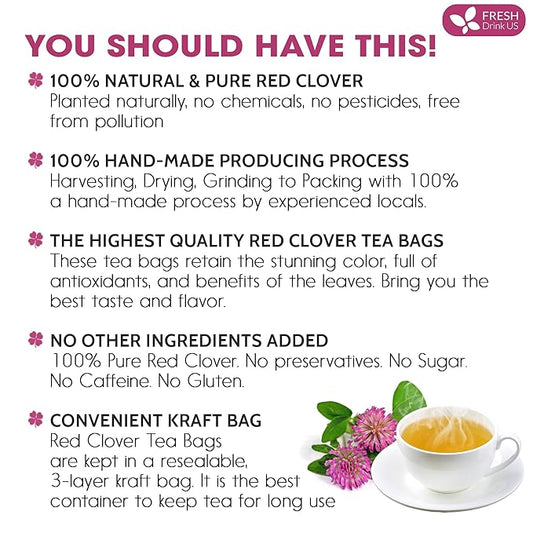 FreshDrinkUS, Premium Red Clover Herbal Tea– 35 Tea Bags – Pure – Naturally Smooth & Mild Flavor – Premium Quality, Eco-Conscious Packaging. Caffeine-Free. Gluten Free. Vegan