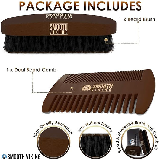Smooth Viking Beard Brush & Comb Gift Set for Men - Natural Boar Bristle Hair Brush & Wooden Comb, Boar Brush for Facial Hair Styling, Grooming & Beard Shaping Tool, Men Hair Products - Brown