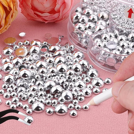 Nail Art Flat Back Half Round Pearl Kits 3, Mixed Sizes 6000 Pcs Silver Small Pearls for Nails with Picking Tools for Graduation Cap Decorations Home DIY Body Face Craft Salon Use