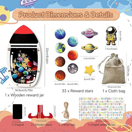 Magnetic Reward Jars for Kids - Space Explorer Rocket Reward Jar with Colorful Letter Stickers | Kids Behavior & Chore Chart for Classroom Incentives, Home, and Potty Training(33 PCS)