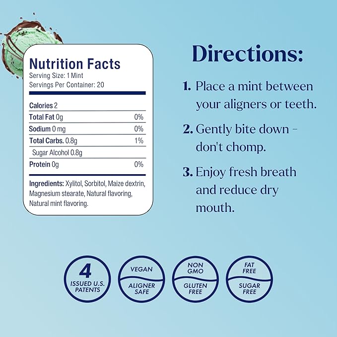 Movemints Clear Aligner Mints - Patented, Edible Alternative to Chewies - Freshen Breath and Improve Dry Mouth with Xylitol - Mint Chocolate (7 Pack)