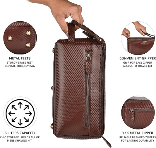 LEATHER VILLAGE Premium Carbon Fiber Genuine Leather Travel Toiletry Bag - Large Compact Dopp Kit, Water-Resistance Shaving & Cosmetic Organizer for Men & Women - Brown