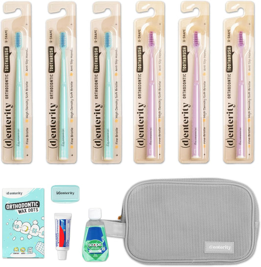 U-Shape Toothbrush Braces Care Kit, 11-Piece Orthodontic Travel Set with Wax, Toothpaste, Mouthwash & Pouch | Braces Hygiene Essentials for Teens & Adults