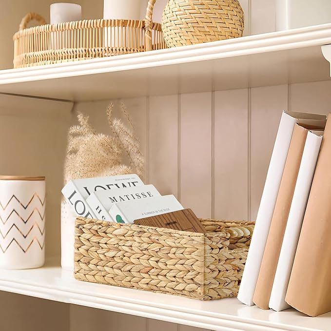 Greenatural Water Hyacinth Storage Baskets Set of 2, Handwoven Rectangular Organizer Trays with Wooden Bead Handles, Nested Wicker Bins for Shelf, Bathroom, Kitchen, Office, Natural Decor