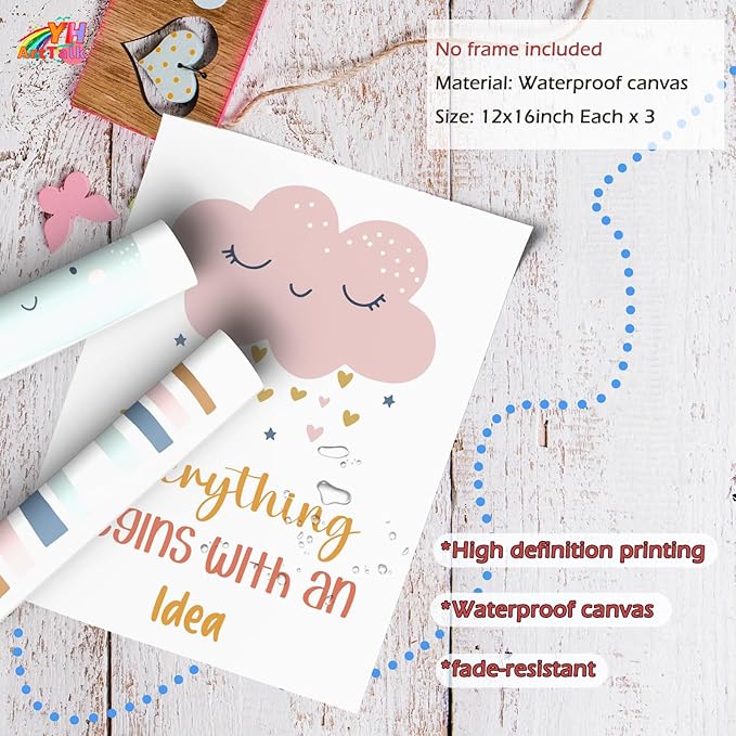 YOUHONG 3 Pieces Motivational Wall Decor Classroom Kids Toddler Room Decor Inspirational Quotes Wall Art Motivational Art Frameless Positive Quotes Durable Canvas Prints (12" W x 16" H x3)