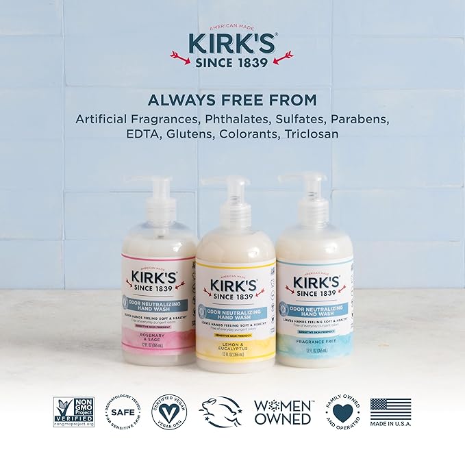 Kirk's Odor-Neutralizing Clean Hand Soap Castile Liquid Soap Pump Bottle | Moisturizing & Hydrating Kitchen Hand Wash | Lemon & Eucalyptus Scent | 12 Fl Oz. Bottle