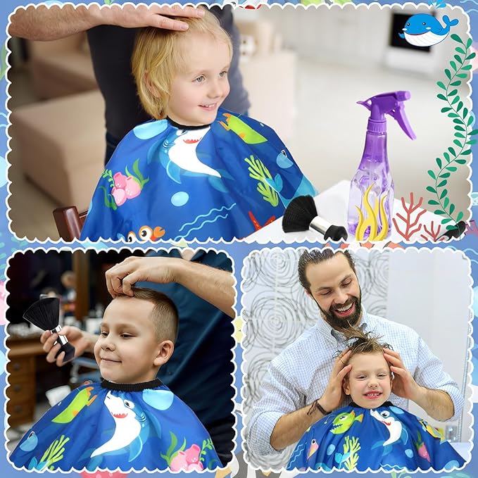 FEBSNOW Ocean Animal Kids Hair Cutting Cape, Professional Barber Cape and Neck Duster Brush Cartoon Hairdresser Apron with Adjustable Closure for Children Salon Barber Supplies for Kids & Adults