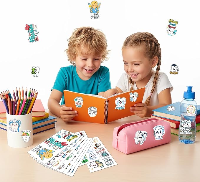 100 PCS Dentist Tooth Stickers Pack – Cute Teeth Dental Hygiene Vinyl Waterproof Decals for Kids, Teens, Adults, Dentist Students, Scrapbook, Laptop, Water Bottle, Car, Hard Hat
