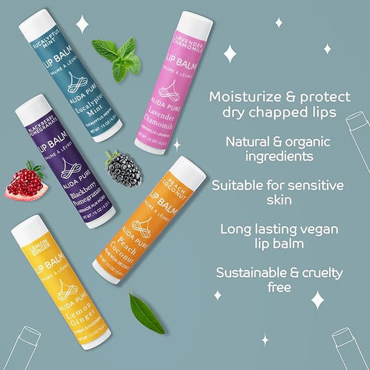 ALIDA PURE Duet Lip Balm Collection, Vegan Set, Beeswax Free, with Organic Jojoba, and Avocado Oil, Vitamin E, Natural Moisturizer for Dry, Chapped Lips, 5 Tube Set