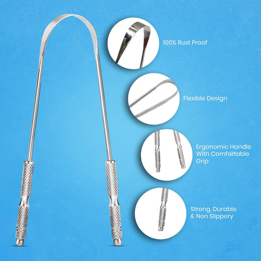 Tongue Scraper for Adults by HOKIN (1Pc Oral Care Pack) Stainless Steel Tongue Cleaners Reduce Bad Breath 100% Metal Tough Scrapers Men and Women Hygiene