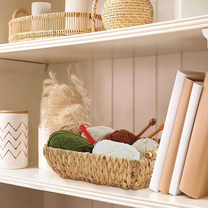 Greenatural Water Hyacinth Storage Baskets Set of 2, 15x10.75x5 in Handwoven Rectangular Organizers with Wooden Handles, Wicker Baskets for Shelf, Bathroom, Kitchen, Office, Natural Home Decor