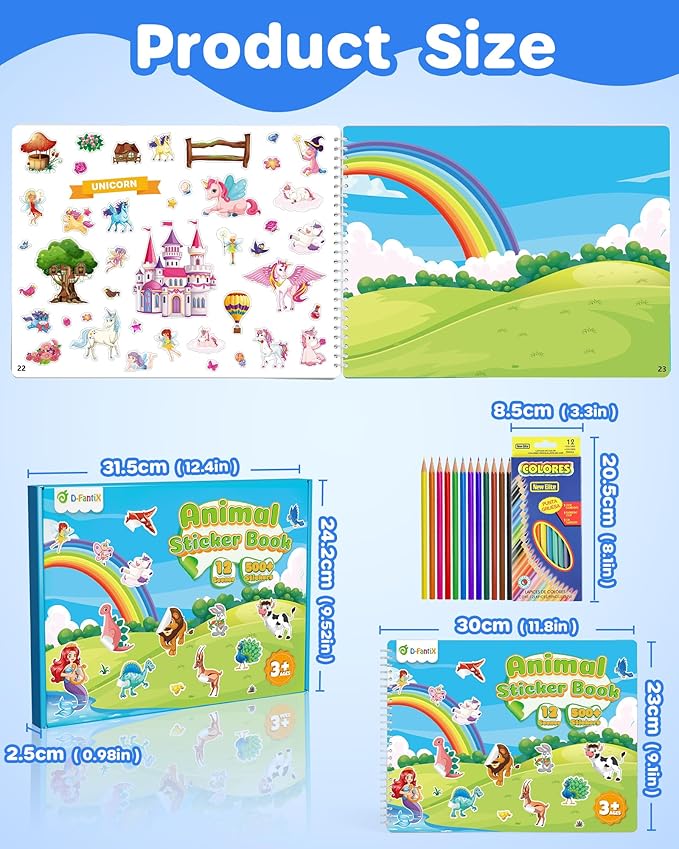 D-FantiX Animal Sticker Books for Toddlers 2-4 Years, Coloring Books for Kids Ages 2-4-6-8, 500+ Kids Stickers, Toddler Toys Road Trip Activities, Gifts for Girls Boys, Christmas Stocking Stuffers