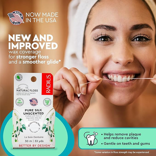 RADIUS Dental Floss, Natural Floss, Unscented Silk, 33 Yards, Compostable & Non-Toxic Oral Care Designed to Help Fight Plaque, Pack of 3