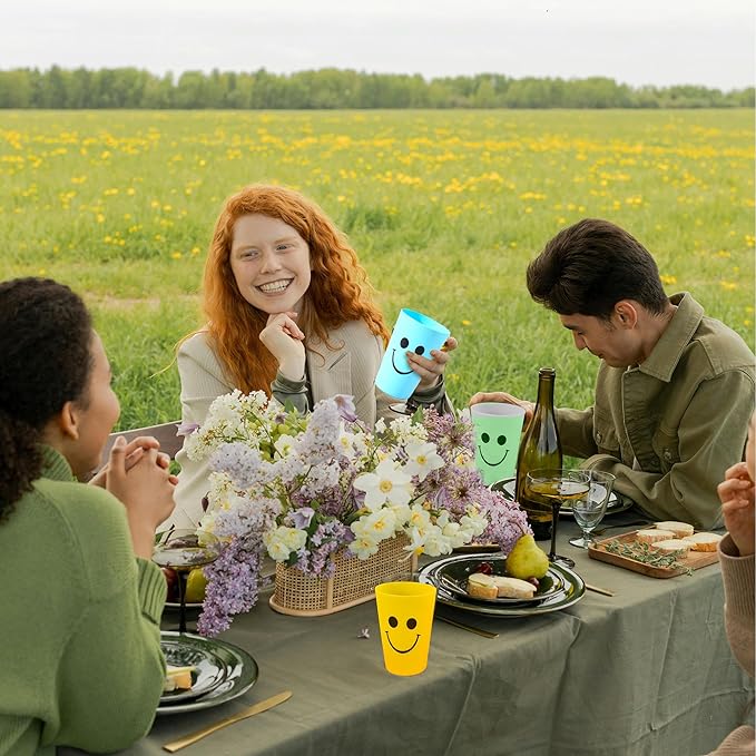 Plastic Cups Set for Kids Kitchen Drinking & Toothbrush Rinse, 260ml Reusable Colored Unbreakable Smiling Face Bathoom Mouthwash Tumbler Brushes, Kids Speed Training Stackable Cup