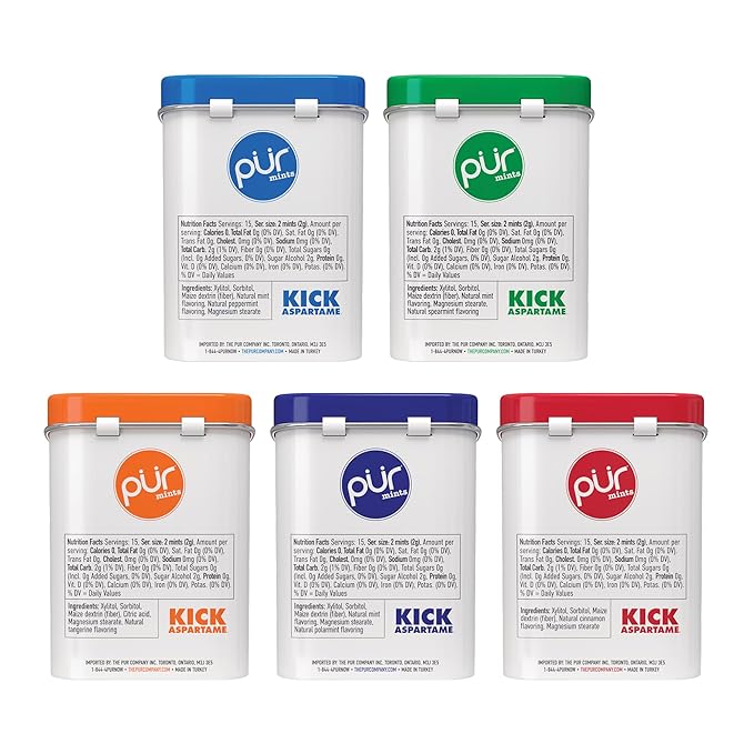PUR Mints | Aspartame Free Mints | Made with Xylitol | Sugar Free, Vegan, Gluten Free & Keto Friendly | Natural Flavored Mints, Variety Pack, 30 Pieces (Pack of 5)