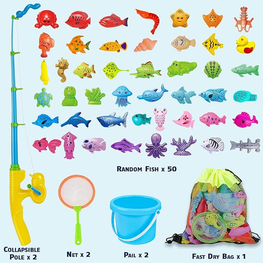 CozyBomB™ Magnetic Fishing Toys Game Set for Kids | Water Table Bathtub Kiddie Pool Party Pole Rod Net, Outdoor Plastic Floating Fish, Toddler Bath Color Ocean Sea Animals Birthday Gift Age 3-5 6 4-8
