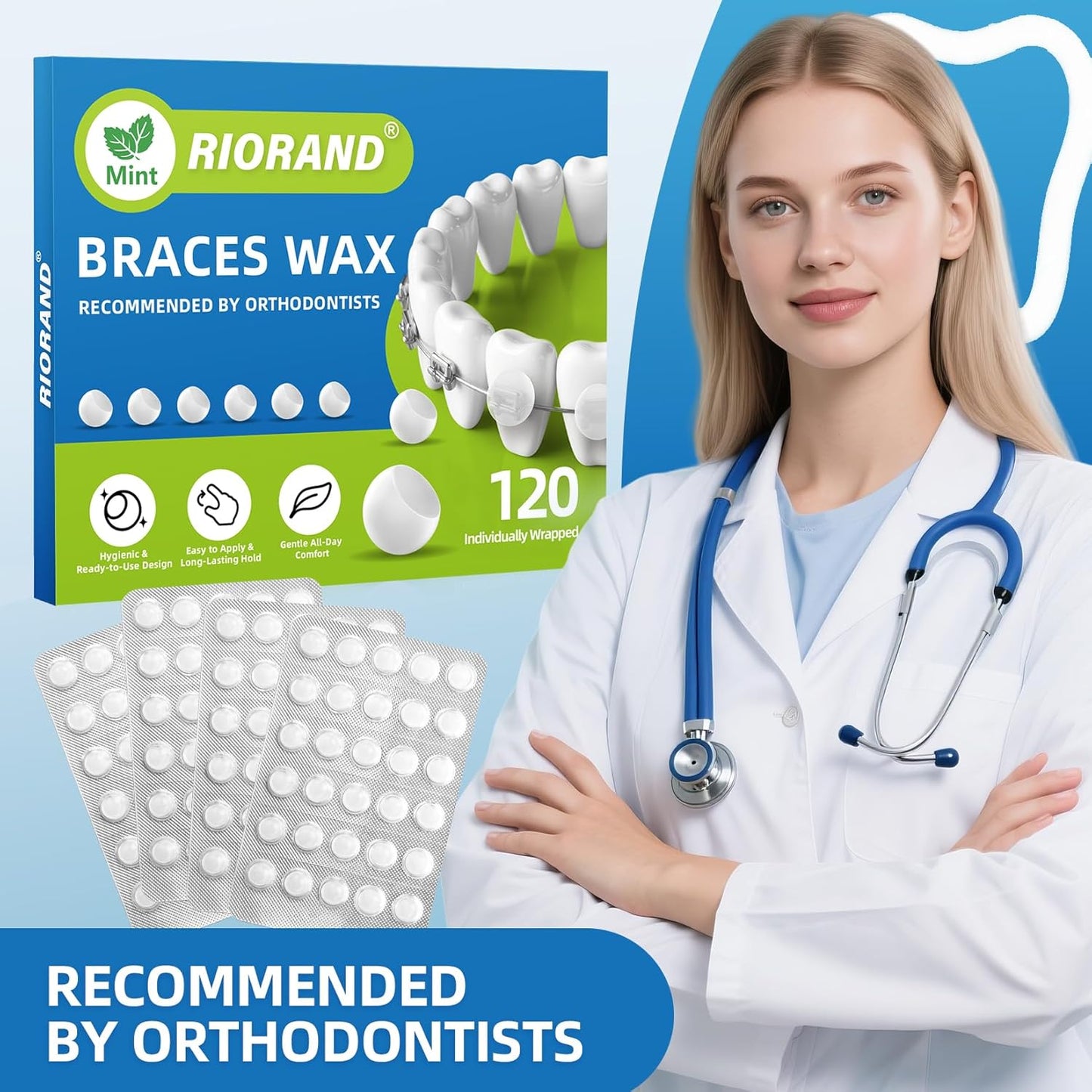 RioRand Orthodontic Wax for Braces Wax 120 Individual Hygienic Packaging Clear dental Wax Dots Portable and Easy to Tear Mint