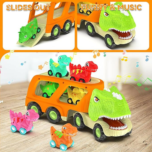 Veslier Dinosaur Toys for Kids 2-4 3-5 with 6 Dinosaur Car Vehicles, Dino Transport Carrier Truck with Music and Roaring Sound Christmas Birthday Gift for 2+ Year Old Boys.