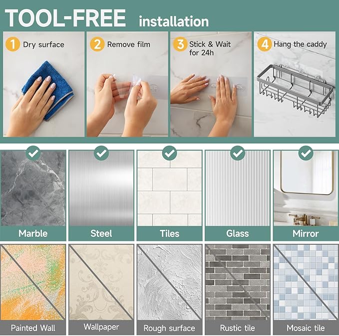 Veken 6-Pack Rustproof & Waterproof Shower Caddy, Adhesive Shelves Rack, Large Capacity Bathroom, College Dorm & Apartment Organizers, No-Drill Wall Mount Living Room & Bedroom Decor, Light Grey