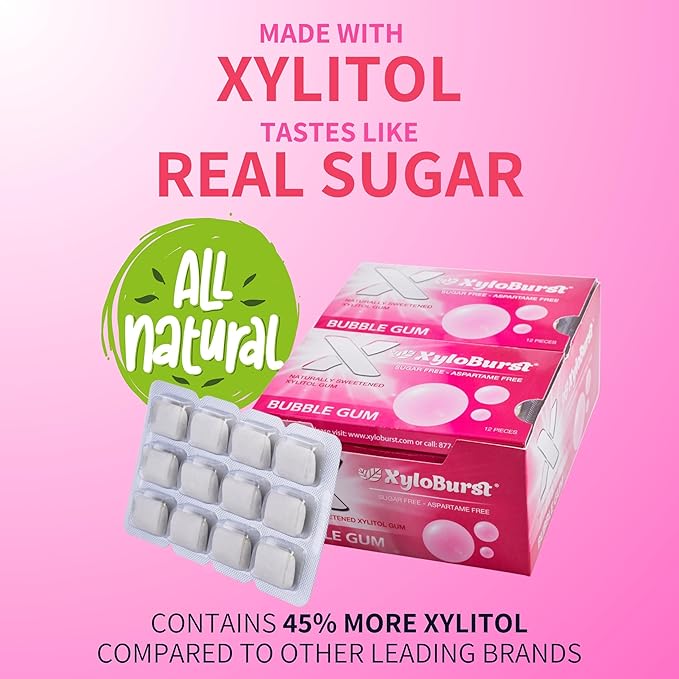 XyloBurst Gum | Xylitol Chewing Gum | Sugar Free, Gluten Free, Keto Friendly | Aspartame Free Gum For Oral Health | Bubble Gum| 12 Pieces, Pack of 12…