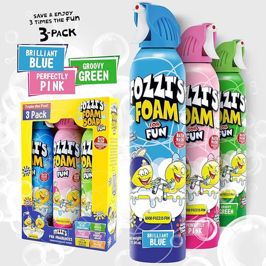 FOZZI’S Mixed Bath Foam Soap for Kids (3 Pack) - Fun Aerosol Spray - Squishy Bubble Soap for Playtime - Gentle Cleanser Foaming Body Wash - Safe Bath Fun for Everyday Wash