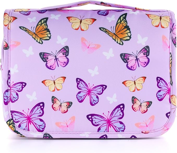 Kids Hanging Toiletry Bag for Girls, Travel Toiletry Bag for Little Young Girls Cosmetic Makeup Waterproof Wash Bag Toddler Traveling Toiletries, Butterfly Purple