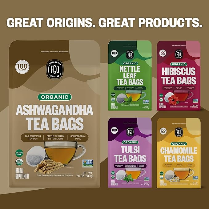 FGO Organic Ashwagandha Tea, 100 Count, Eco-Conscious Herbal Tea Bags, Resealable Bag, Caffeine Free, Packaging May Vary (Pack of 1)