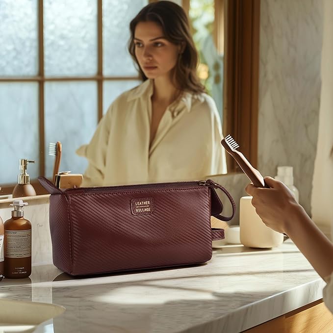 LEATHER VILLAGE Premium Carbon Fiber Genuine Leather Travel Toiletry Bag - Large Compact Dopp Kit, Water-Resistance Shaving & Cosmetic Organizer for Men & Women - Brown