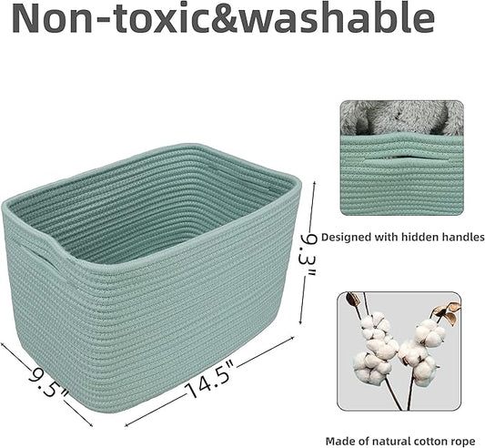 Cotton Rope storage Basket Bins Woven Basket for Organizing Shelves 14.5X9.5X9.3" Rectangle Decorative Baskets For storage Clothes Toys Books Towels Nursery basket organizer 3 pack Green