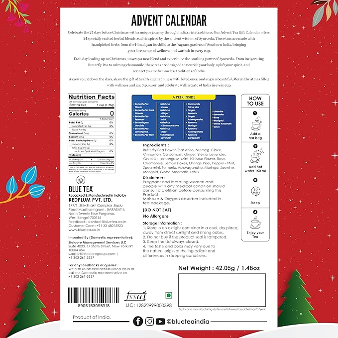 BLUE TEA - Advent Calendar 2025 (Red) - 24 Tea Bags - Plant Based - 24 Unique Tea | Limited Edition | Sampler & Variety Pack | Caffeine Free - Herbal Tea - Christmas Holiday Unique Advent Calendar Tea Gift Set | Gift Idea for Men and Women