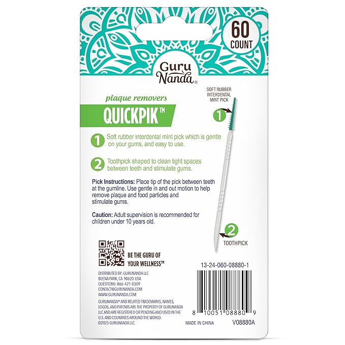 GuruNanda 2-in-1 QuickPik Toothpick & Interdental Pick – Soft Rubber Bristles for Plaque Removal & Improved Oral Care, Comes with a Travel Case for On-The-Go Use, 60ct