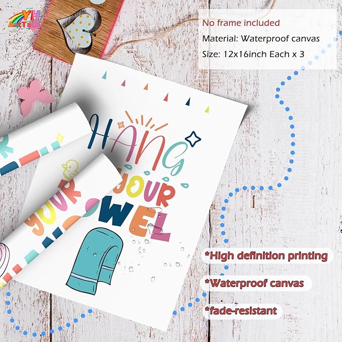 Wash Your Hands Sign Bathroom Decor for Kids - 12x16 Inch Each x3 Canvas Wall Art for Toddler Decor, Frameless Kids Bathroom Wall Art with Quotes, Waterproof and Easy to Clean, for Room Decoration