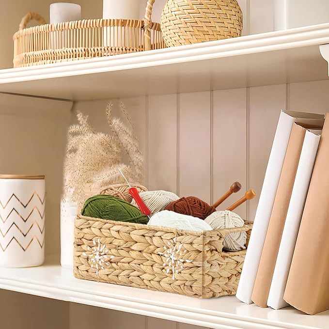 Greenatural Water Hyacinth Storage Baskets Set of 2, Handwoven Rectangular Organizer Trays with Handles, Wicker Bins with Hand Embroidered Patterns for Shelf, Bathroom, Kitchen, Office, Natural Decor