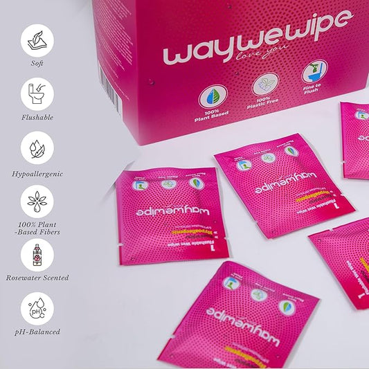 On-The-Go Flushable Feminine Wet Wipes, 60 Count XL Individually Wrapped Female Wipes, Hypoallergenic 100% Plant Based Septic Safe, Travel Size Adult Cleansing Cloth for Women, Rosewater