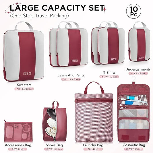 10 Set Compression Packing Cubes for Travel Essentials,Compressible Expandable Packing Cubes for Suitcase,OlarHike Luggage Organizer Bags for Travel,Handy Helper for Organizing Clothes(Wine Red)