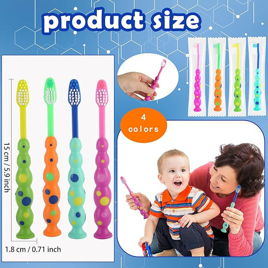120 Pcs Student Toothbrush Bulk with Suction Cup Soft Bristles Individually Wrapped Lovely Multicolor Toothbrushes for Christmas Gift Boys Girls Home School Travel, 4 Colors