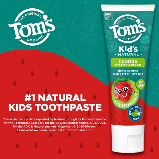 Tom's of Maine ADA Approved Fluoride Kids Toothpaste, Natural Toothpaste, Dye Free, No Artificial Preservatives, Silly Strawberry, 5.1 oz. 3-Pack (Packaging May Vary)