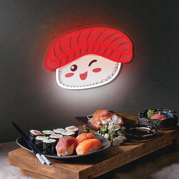 Sushi NEON Wall Sign, Cute Food LED Light, Wall Decor, Perfect for Holiday and Birthday Gift, Party Decor, Red White Sushi with Face for Kids Room, Bar, Restaurant