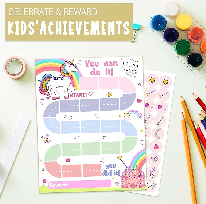 10 Unicorn Reward Chart with 216 Round Stickers, Incentive Behavior Chart for Kids at Home Classroom, Kids Routine Daily Chore Sticker Chart-A20