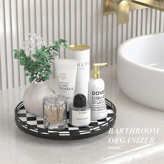 Black and White Kitchen Lazy Susan Turntable – Round Checkered Decorative Tray, 12” Table Top Oak Wood Lazy Susan for Cookies, Dining Table Organizer, Small Kitchen Table Centerpiece