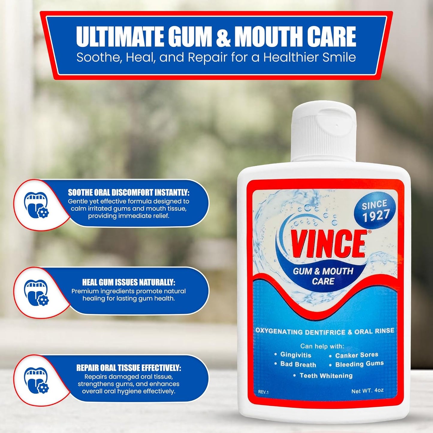 Vince Gum and Mouth Powder - Daily Use Dentifrice - Oxygenating Bubbles - Bad Breath - Gingivitis - Irritated or Bleeding Gums - Canker Sore - Inflammation - Wounds - Cleanse & Refresh - 4 Ounce