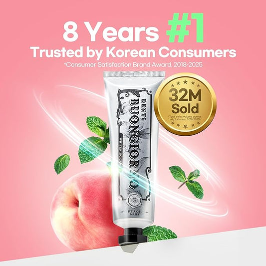 Peach Mint WHITENING Toothpaste (Peach Mint) – Natural Fluoride Korean Toothpaste for Teeth Whitening, Plaque Removal, Strengthens Enamel, Paraben & SLS Free (3.52fl oz / 100g)