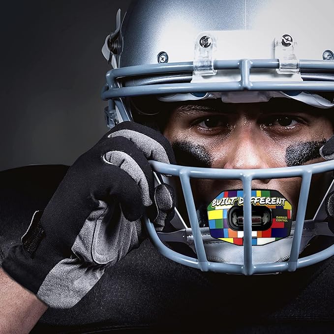 DAMAGE CONTROL Youth Football Mouth Guard – Breathable No Boil Mouthpiece, Protects Lips & Teeth, Works with Braces, Includes Helmet Strap – Sports Gear & Accessories (Built Different)